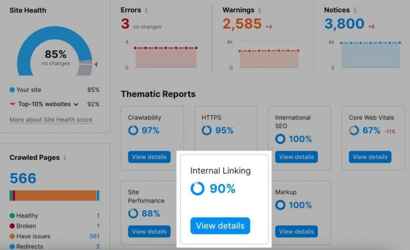 Semrush 站点审核内部链接