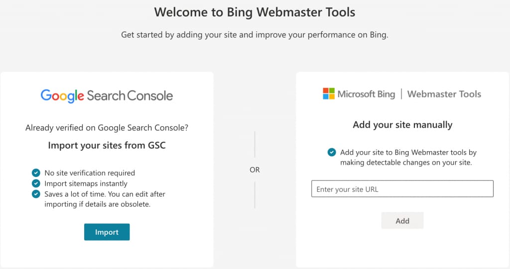 欢迎使用 Bing 网站管理员工具窗口，我们在其中单击导入按钮