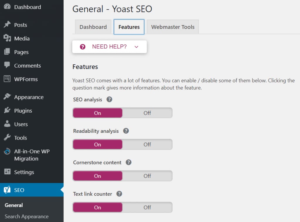 在 Yoast SEO 的常规设置中进入功能选项卡。